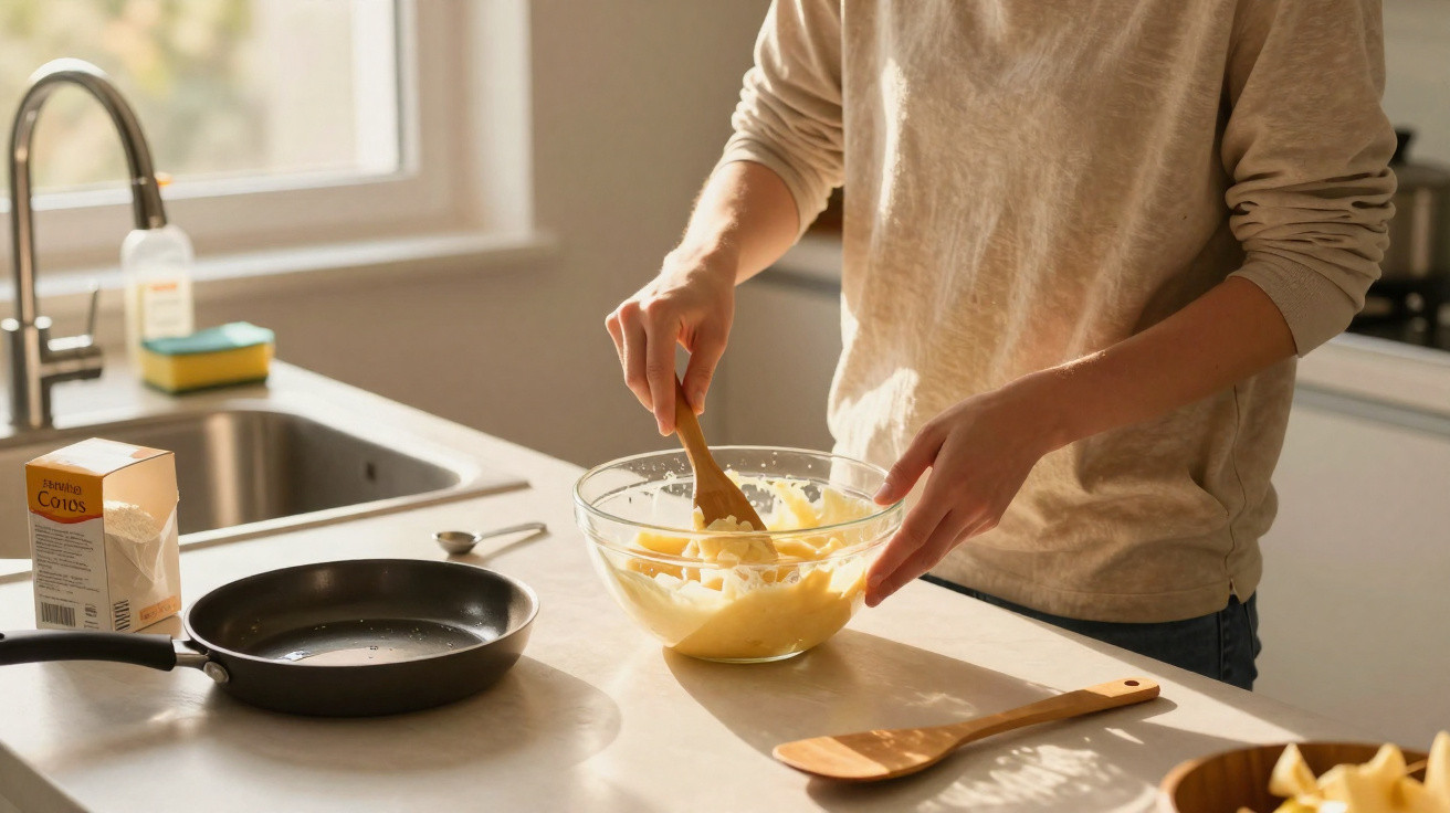 Pessoa a misturar massa numa tigela transparente numa cozinha com frigideira no balcão.