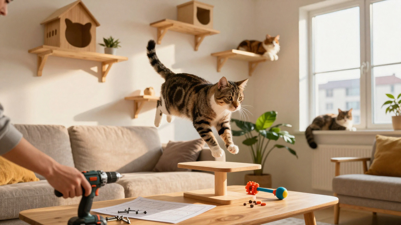 Gato a saltar de uma mesa numa sala com mobiliário para gatos e outras duas felinas descansando ao fundo.