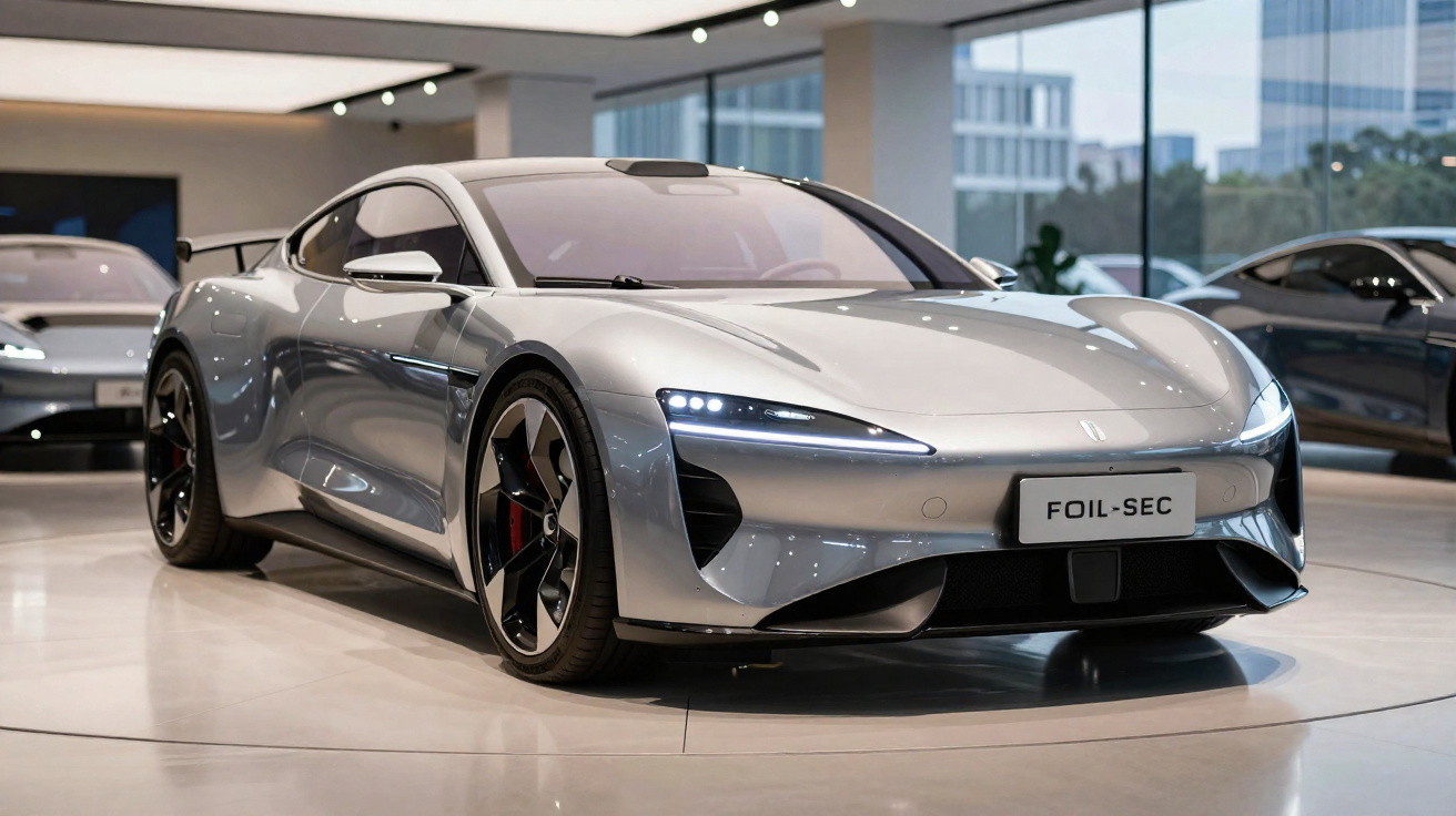 Carro desportivo elétrico cinza prateado exposto num salão moderno com jantes pretas e detalhes aerodinâmicos.